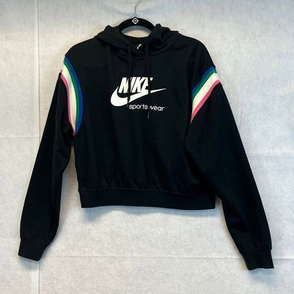 NIKE Women’s Heriatge Hoodie Small Black Cropped Pullover Sweatshirt Stripes - Picture 4 of 15